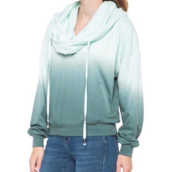 Young Broke Fabulous Sweatshirt Small Pullover Cowl Dip Dye Green Hood Dolman - Picture 7 of 8